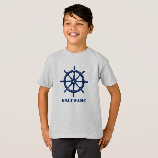 T-shirt Nom du bateau ou votre nom Navire Helm Wheel Navy  (Devant entier)
