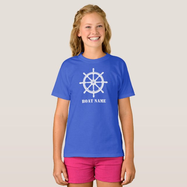 T-shirt Nom du bateau ou votre nom Navire Helm Wheel Royal (Devant entier)
