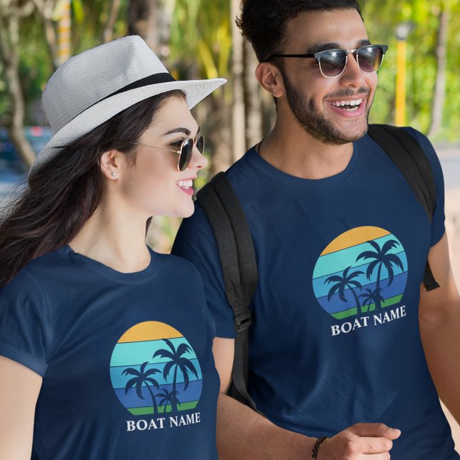 T-shirt Nom du bateau Sun Palm Trees Blue (Customize to change text size or text style.)