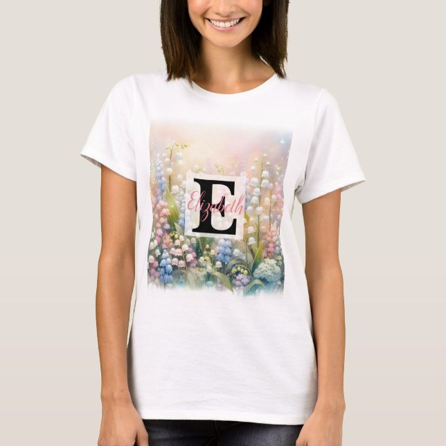 T-shirt Nom du monogramme sur l'aquarelle Fleurs dans les  (Devant)