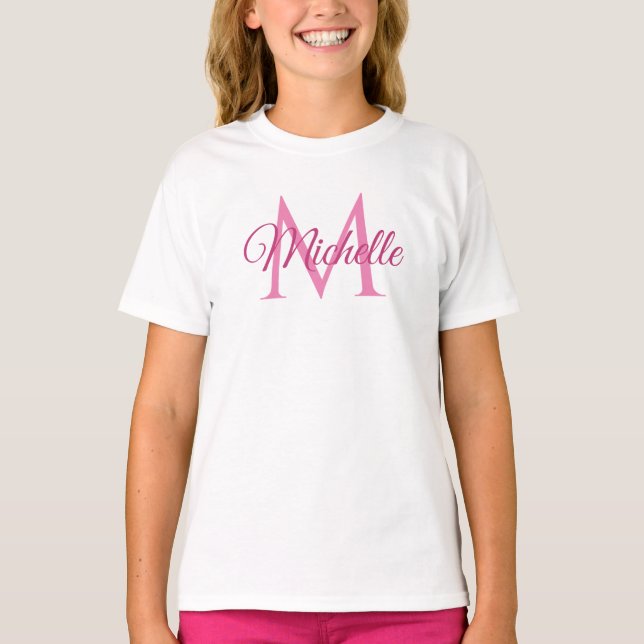 T-shirt Nom Monogramme Personnalisé Filles Blanches Et Ros (Devant)