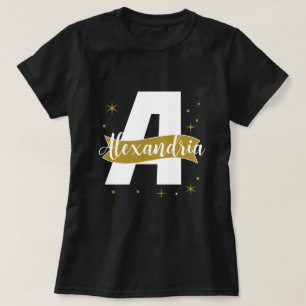T-shirt Nom monogramme personnalisé noir blanc et or