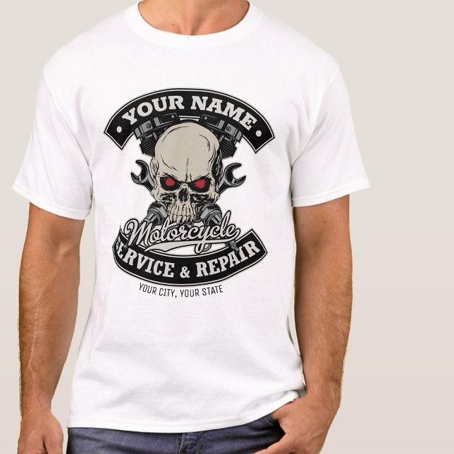 T-shirt Nom personnalisé Biker Mécanique Skull Motorcycle  (Créateur téléchargé)