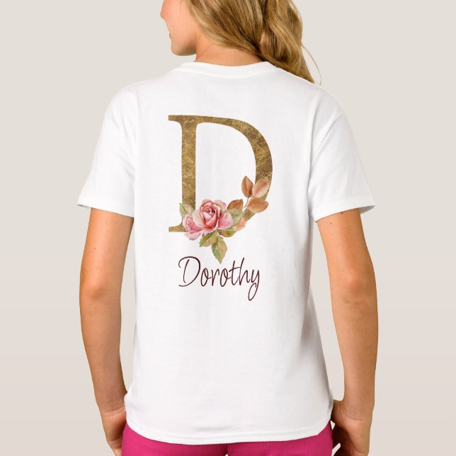 T-shirt Nom personnalisé Blush Roses Lettre D en feuille d (Dos)