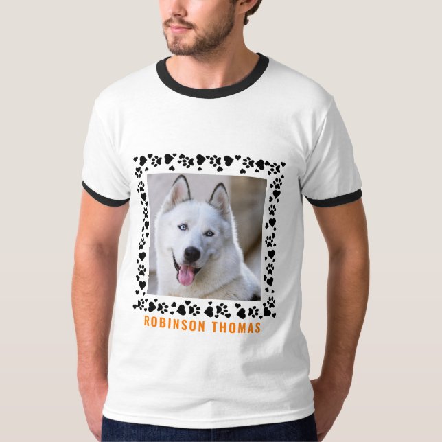 T-shirt Nom personnalisé Chien Paw Coeurs Photo Minimalist (Devant)