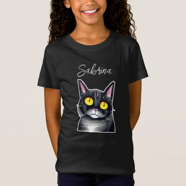 T-Shirt Nom personnalisé | Cute chat noir Yellow Eyes (Devant)
