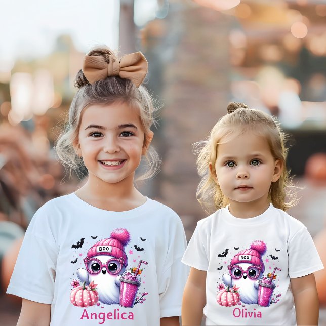 T-Shirt Nom personnalisé du fantôme rose mignon Halloween (Créateur téléchargé)