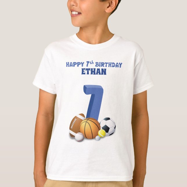 T-shirt Nom personnalisé Garçon 7e anniversaire Sports Bal (Devant)