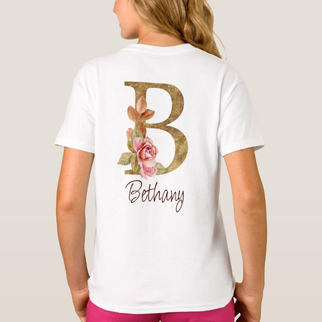 T-shirt Nom personnalisé Gold Foil Blush rose Roses Lettre (Dos)