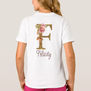 T-shirt Nom Personnalisé Lettre F Gold Foil Blush Roses Ro
