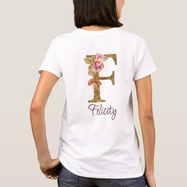 T-shirt Nom Personnalisé Lettre F Gold Foil Blush Roses Ro (Dos)