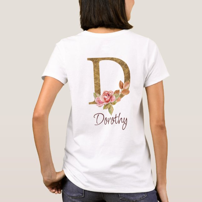 T-shirt Nom personnalisé Or Feuille Rose Blush Lettre D (Dos)