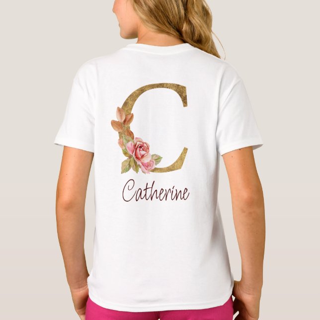T-shirt Nom personnalisé Or Foil Blush Roses Lettre C (Dos)