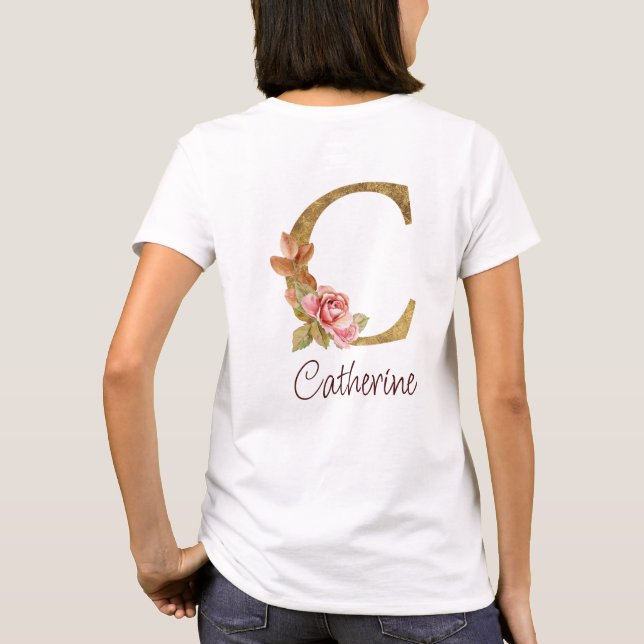 T-shirt Nom personnalisé Or Foil Blush Roses roses Lettre  (Dos)