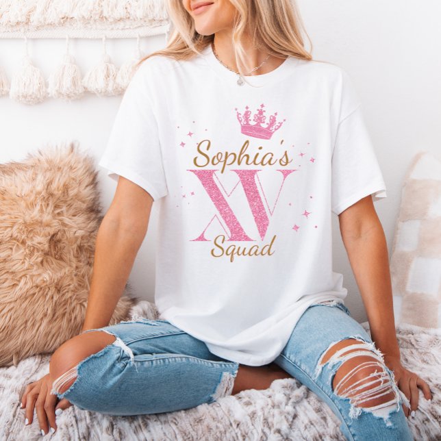 T-shirt Nom personnalisé Parties scintillant rose Mis Quin (Custom Name Pink Glitter Mis Quince Squad XV Party T-Shirt)