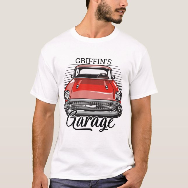 T-shirt NOM personnalisé Retro Red Classic Car Garage (Devant)