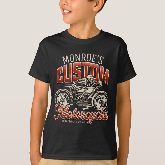 T-shirt Nom personnalisé Skeleton Motorcycle Boutique (Devant)