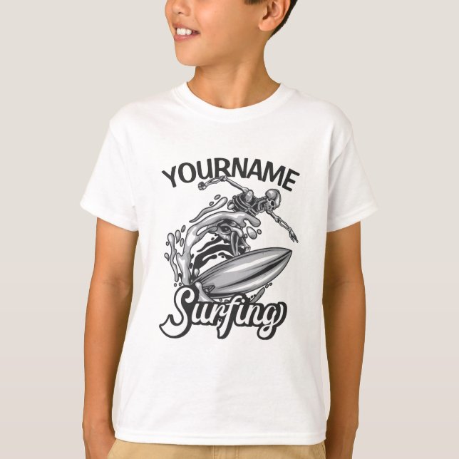 T-shirt NOM personnalisé Surfer Big Wave Skeleton Surfing (Devant)