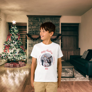 T-shirt Noms de famille de photo de Noël rouge enfants