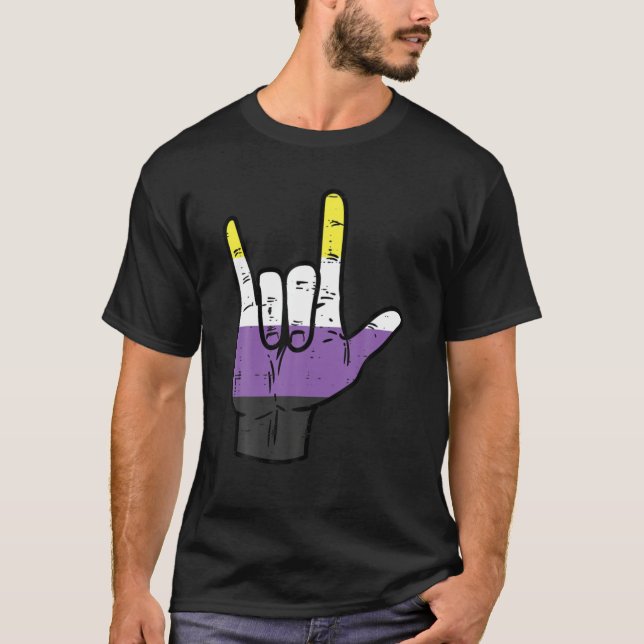T-shirt Nonbinary I Love You Hand Sign Language Enby NB Pr (Devant)