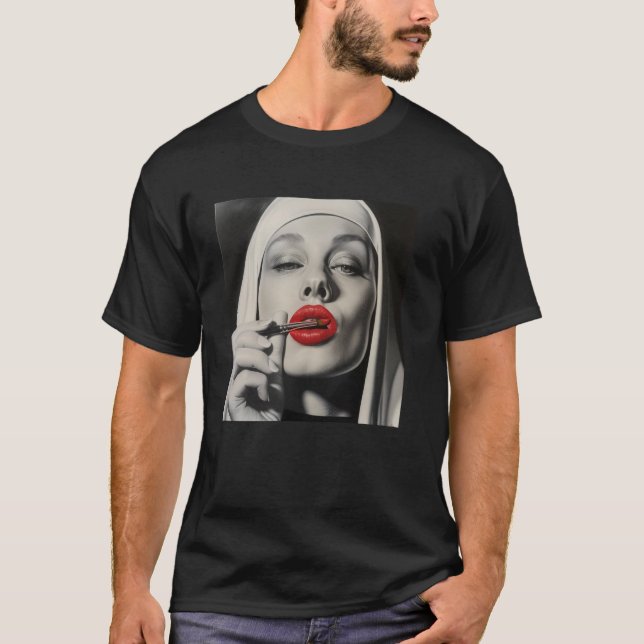 T-shirt nonne rebelle avec rouge à lèvres, nonne rebelle   (Devant)