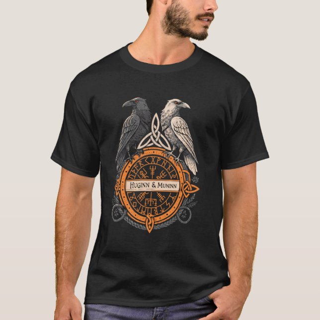 T-shirt Norse Raven Huginn et Muninn Celtic Vegvisir Viki (Devant)