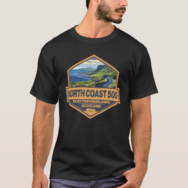 T-shirt North Coast 500 Scotland Travel Art Badge (Devant)