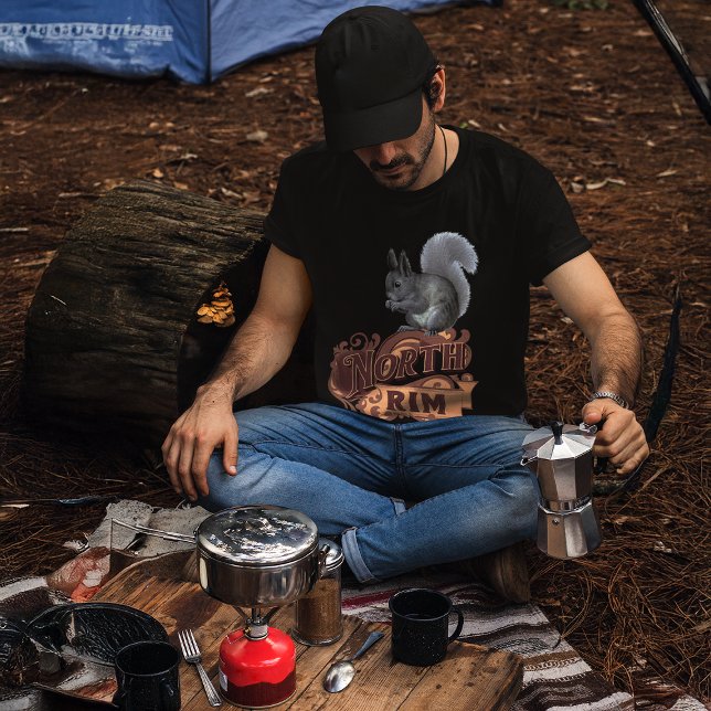 T-shirt North Rim Lodge Kaibab Squirrel (young man setting up breakfast at woodland forest tent camp Grand Canyon North Rim Kaibab Squirrel)