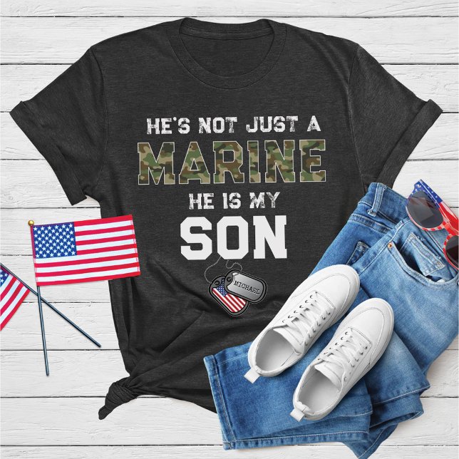 T-shirt Not Just A Marine He's My Son Military Custom Name (He's / She's not just a Marine is my Son Dad Mom boot camp graduation party heather dark gray shirt)