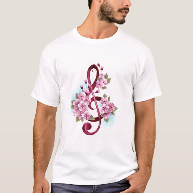 T-shirt notes de clé de sol musicale avec fleurs de Sakura (Devant)