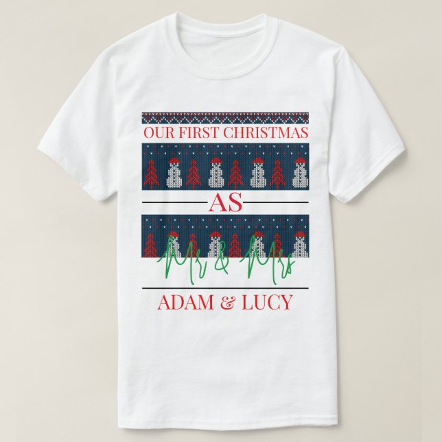 T-shirt Notre premier Noël, M. et Mme. | nouvellement mari (Design devant)