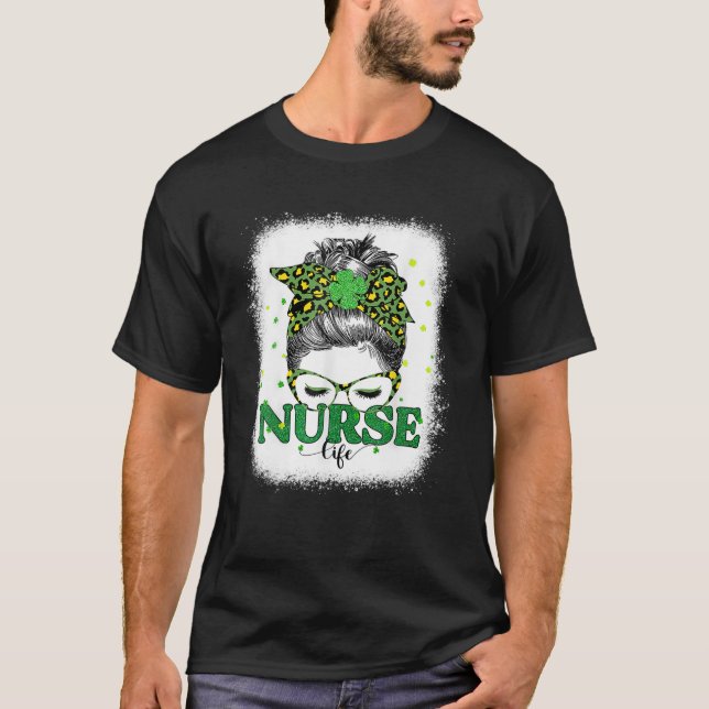 T-shirt Nourriture blanchie Vie Messy Bun Leopard St patri (Devant)