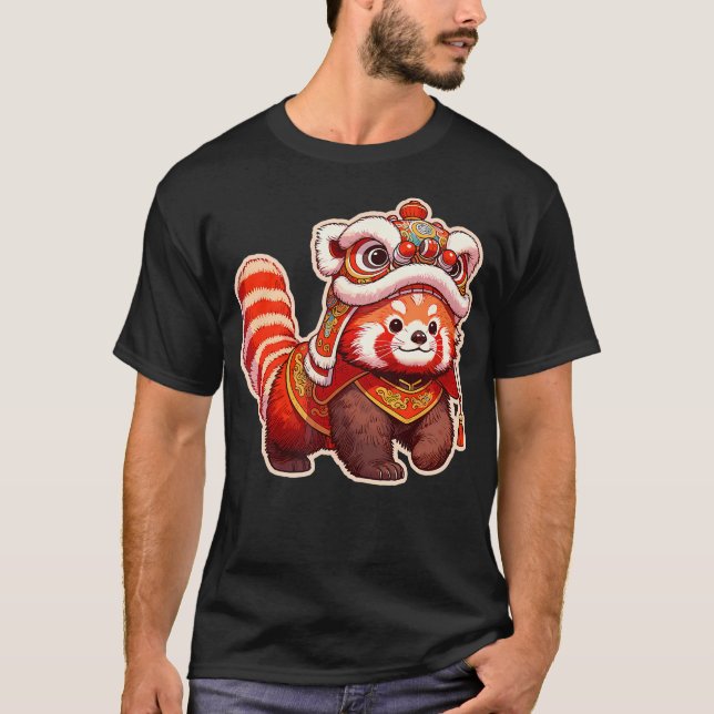 T-shirt Nouvel An Chinois Panda Rouge Lion Danse Lunaire N (Devant)