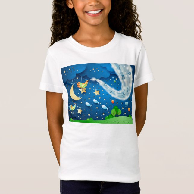 T-Shirt Nuit avec musique et oiseaux (Devant)