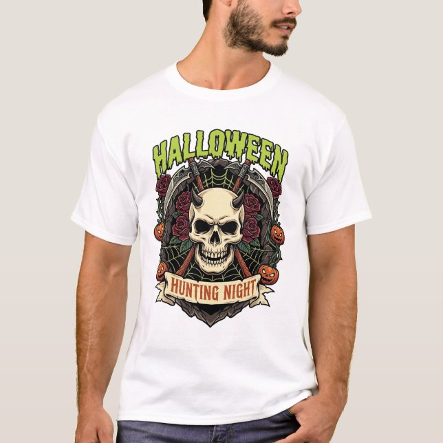 T-shirt Nuit de chasse d'Halloween Roses de crâne à cornes (Devant)