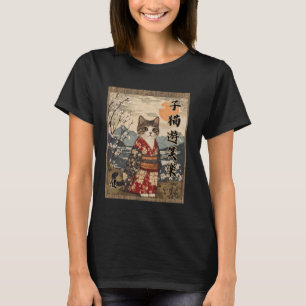 T-shirt Nuit de pleine lune Chat Mignon Kimono Fleurs Kanj