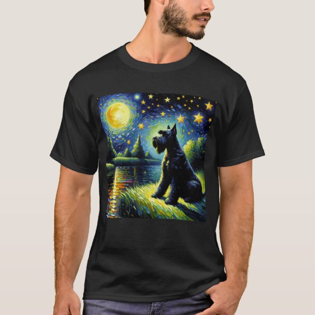 T-shirt Nuit étoile Noir Russe Terrier Chien Van Gogh (Devant)