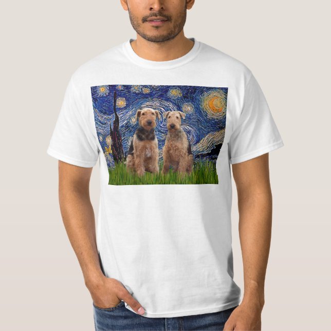 T-shirt Nuit étoilée - Airedale Terriers (deux) (Devant)