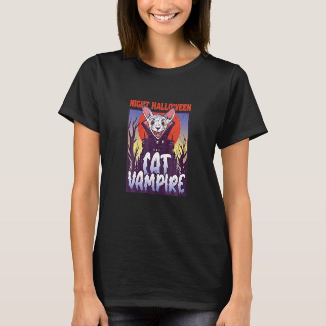 T-shirt Nuit Halloween Chat Vampire Boire Sang Vampire (Devant)