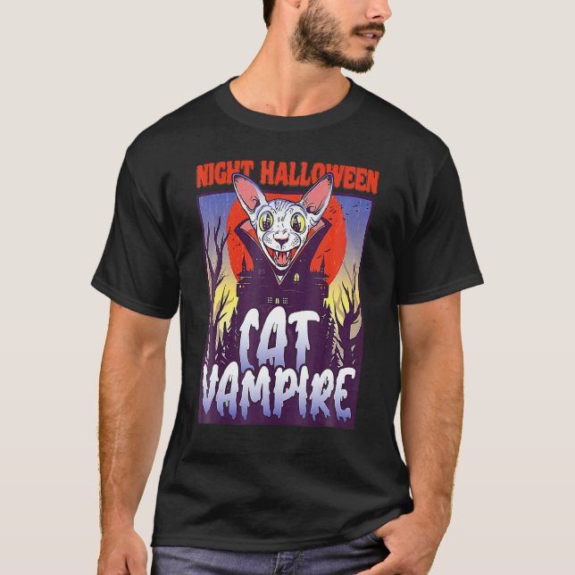 T-shirt Nuit Halloween Chat Vampire Boit Sang Vampire (Devant)