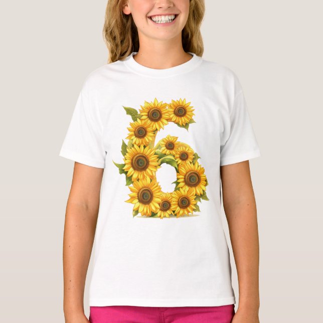 T-shirt Numéro 6 Thème Fleurs de soleil 6 ans Enfants Fill (Devant)