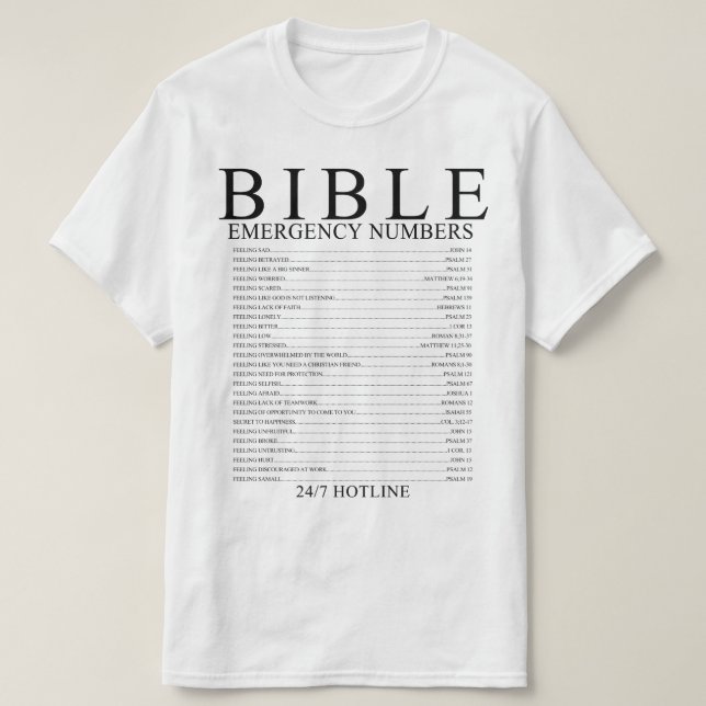 T-shirt Numéro de ligne téléphonique d'urgence de la Bible (Design devant)