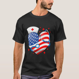 T-shirt Nurse 4Th Of July American Flag He Stethoscope Nur
