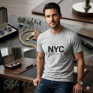 T-shirt NYC Texte Marque Hommes Moderne Gris Graphique