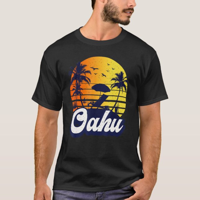T-shirt Oahu Hawaii Hawaiian Sunset Beach Retro (Devant)