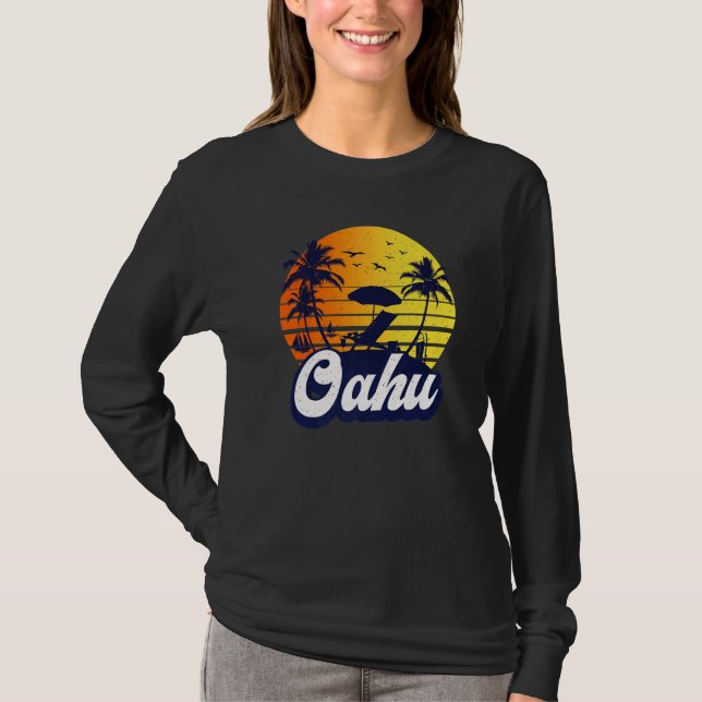 T-shirt Oahu Hawaii Hawaiian Sunset Beach Retro Premium (Devant)