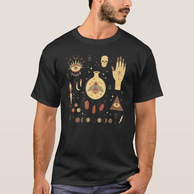 T-shirt Occult Magic All Seeing Eye Moon Phase Skull Moth (Devant)