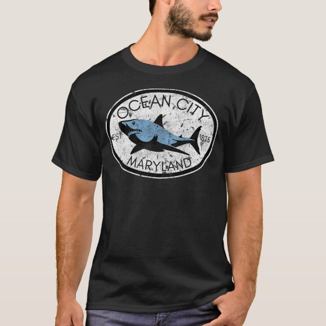 T-shirt Ocean City Maryland Fishing Shark Fish Beach MD Vi (Devant)