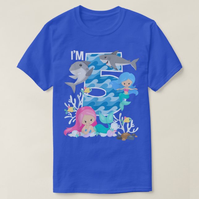 T-shirt Ocean Sharks and Mermaids 5th Birthday 5 Year Old  (Design devant)