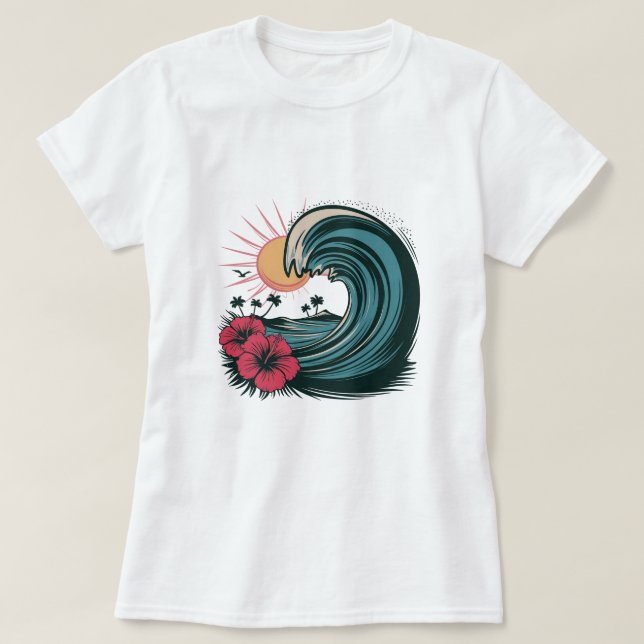T-shirt Ocean Summer Beach Island Vagues hibiscus rouge (Design devant)